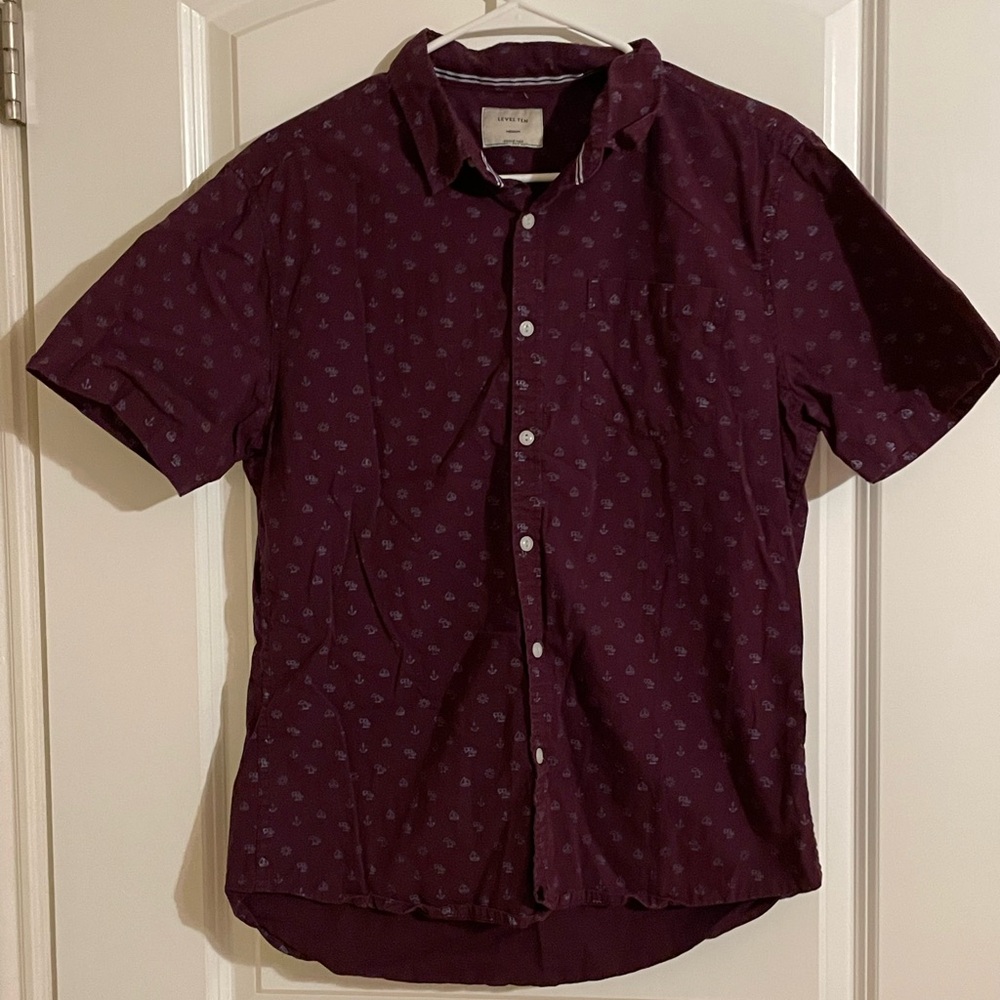 Level 10 | Maroon Men's Button Down Top with Boat & Anchor Pattern